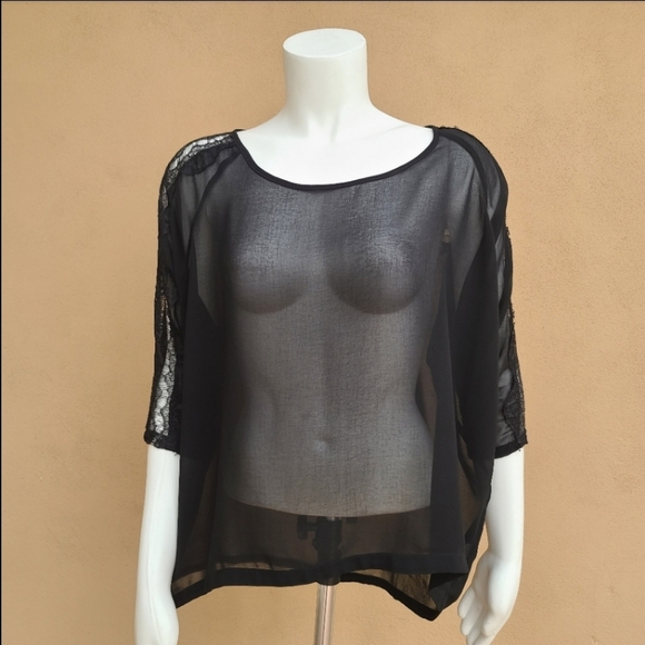 THERAPY Sheer Black Lace Blouse 10 M Top 3/4 Sleeve Tulip Hem Indie Goth Punk - Picture 11 of 13